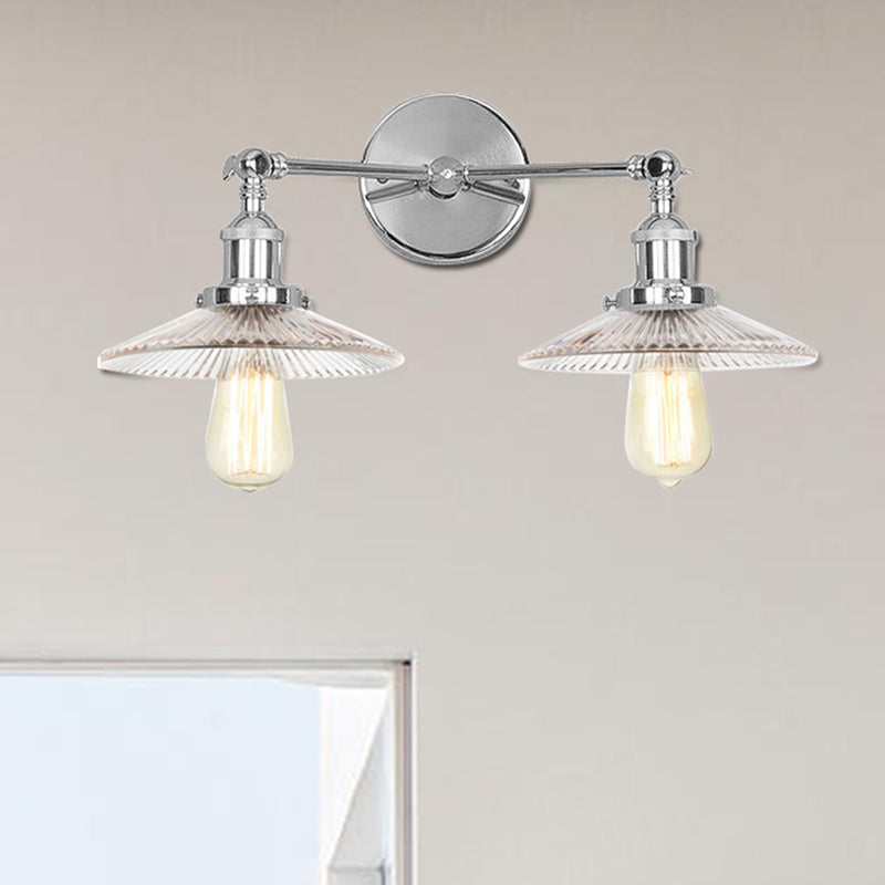 Saucer Clear Ribbed Glass Wall Sconce Light Warehouse 2 Lights Indoor Lighting Fixture in Bronze/Brass/Chrome Clearhalo 'Art deco wall lights' 'Cast Iron' 'Glass' 'Industrial wall lights' 'Industrial' 'Middle century wall lights' 'Modern' 'Rustic wall lights' 'Tiffany' 'Traditional wall lights' 'Wall Lamps & Sconces' 'Wall Lights' Lighting' 520149