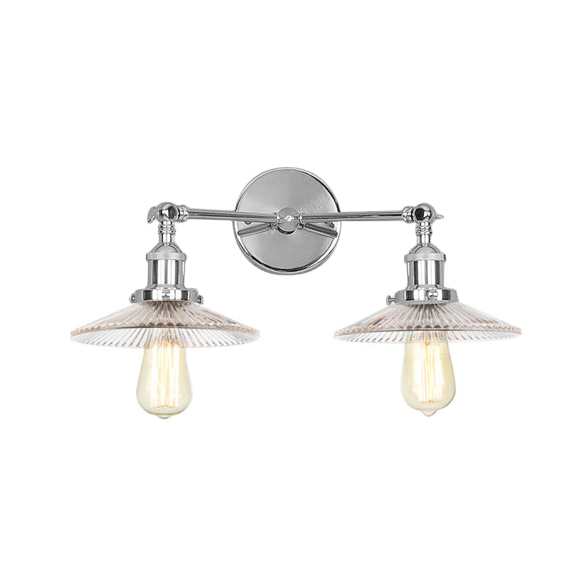 Saucer Clear Ribbed Glass Wall Sconce Light Warehouse 2 Lights Indoor Lighting Fixture in Bronze/Brass/Chrome Clearhalo 'Art deco wall lights' 'Cast Iron' 'Glass' 'Industrial wall lights' 'Industrial' 'Middle century wall lights' 'Modern' 'Rustic wall lights' 'Tiffany' 'Traditional wall lights' 'Wall Lamps & Sconces' 'Wall Lights' Lighting' 520150