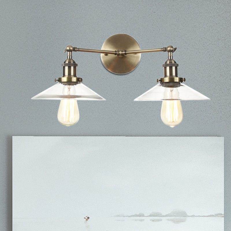2 Light Living Room Wall Lighting Vintage Black/Brass/Bronze Sconce Light with Saucer Clear Glass Shade Bronze Clearhalo 'Art deco wall lights' 'Cast Iron' 'Glass' 'Industrial wall lights' 'Industrial' 'Middle century wall lights' 'Modern' 'Rustic wall lights' 'Tiffany' 'Traditional wall lights' 'Wall Lamps & Sconces' 'Wall Lights' Lighting' 520186