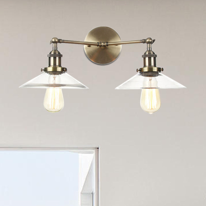 2 Light Living Room Wall Lighting Vintage Black/Brass/Bronze Sconce Light with Saucer Clear Glass Shade Clearhalo 'Art deco wall lights' 'Cast Iron' 'Glass' 'Industrial wall lights' 'Industrial' 'Middle century wall lights' 'Modern' 'Rustic wall lights' 'Tiffany' 'Traditional wall lights' 'Wall Lamps & Sconces' 'Wall Lights' Lighting' 520187