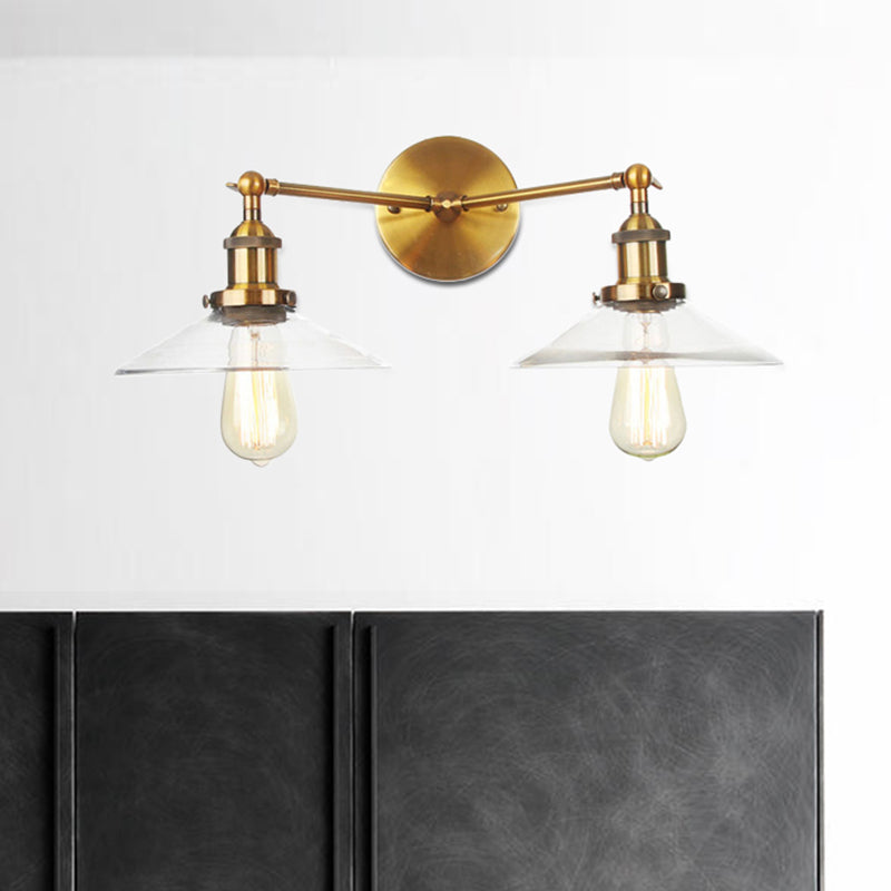 2 Light Living Room Wall Lighting Vintage Black/Brass/Bronze Sconce Light with Saucer Clear Glass Shade Clearhalo 'Art deco wall lights' 'Cast Iron' 'Glass' 'Industrial wall lights' 'Industrial' 'Middle century wall lights' 'Modern' 'Rustic wall lights' 'Tiffany' 'Traditional wall lights' 'Wall Lamps & Sconces' 'Wall Lights' Lighting' 520189