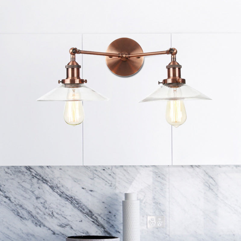 2 Light Living Room Wall Lighting Vintage Black/Brass/Bronze Sconce Light with Saucer Clear Glass Shade Copper Clearhalo 'Art deco wall lights' 'Cast Iron' 'Glass' 'Industrial wall lights' 'Industrial' 'Middle century wall lights' 'Modern' 'Rustic wall lights' 'Tiffany' 'Traditional wall lights' 'Wall Lamps & Sconces' 'Wall Lights' Lighting' 520190