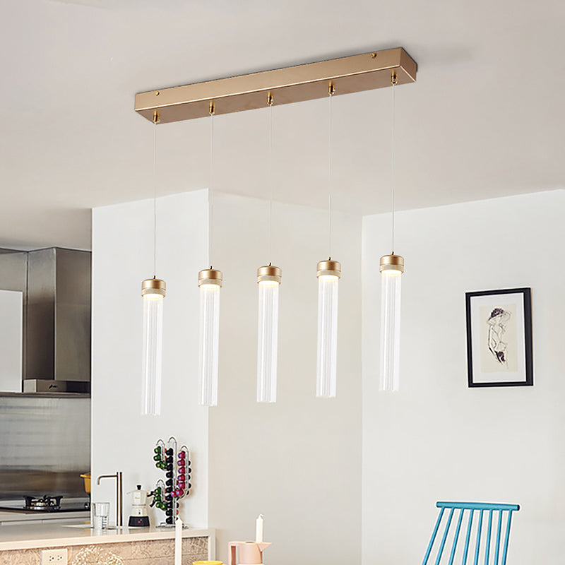 Tubular Clear Glass Cluster Pendant Light Minimalism 5-Light Brass Hanging Ceiling Lamp Brass Clearhalo 'Ceiling Lights' 'Chandeliers' 'Glass shade' 'Glass' 'Modern Pendants' 'Modern' 'Pendant Lights' 'Pendants' Lighting' 520197