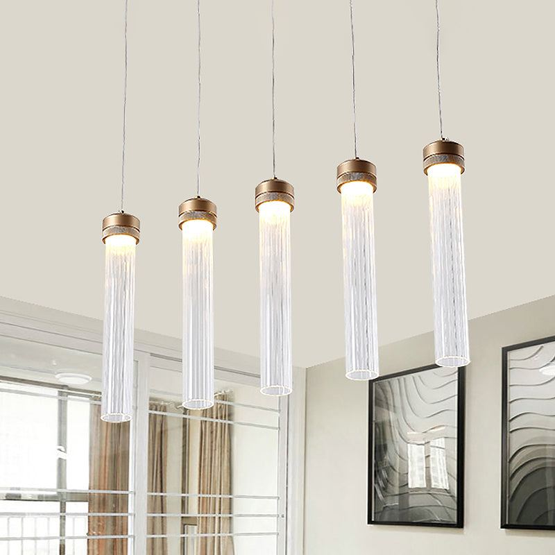 Tubular Clear Glass Cluster Pendant Light Minimalism 5-Light Brass Hanging Ceiling Lamp Clearhalo 'Ceiling Lights' 'Chandeliers' 'Glass shade' 'Glass' 'Modern Pendants' 'Modern' 'Pendant Lights' 'Pendants' Lighting' 520198
