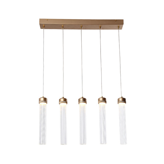 Tubular Clear Glass Cluster Pendant Light Minimalism 5-Light Brass Hanging Ceiling Lamp Clearhalo 'Ceiling Lights' 'Chandeliers' 'Glass shade' 'Glass' 'Modern Pendants' 'Modern' 'Pendant Lights' 'Pendants' Lighting' 520199