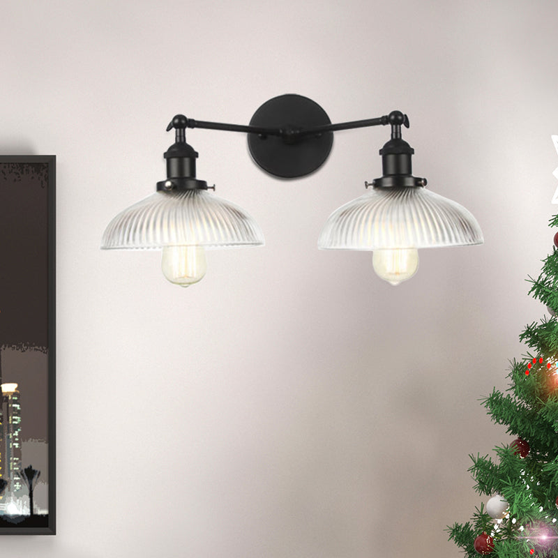 Domed Living Room Wall Light Industrial Clear Ribbed Glass 2 Lights Bronze/Brass/Copper Sconce Lamp Clearhalo 'Art deco wall lights' 'Cast Iron' 'Glass' 'Industrial wall lights' 'Industrial' 'Middle century wall lights' 'Modern' 'Rustic wall lights' 'Tiffany' 'Traditional wall lights' 'Wall Lamps & Sconces' 'Wall Lights' Lighting' 520203