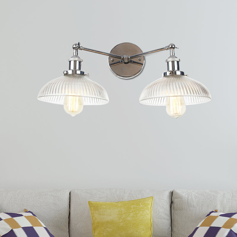 Domed Living Room Wall Light Industrial Clear Ribbed Glass 2 Lights Bronze/Brass/Copper Sconce Lamp Clearhalo 'Art deco wall lights' 'Cast Iron' 'Glass' 'Industrial wall lights' 'Industrial' 'Middle century wall lights' 'Modern' 'Rustic wall lights' 'Tiffany' 'Traditional wall lights' 'Wall Lamps & Sconces' 'Wall Lights' Lighting' 520206