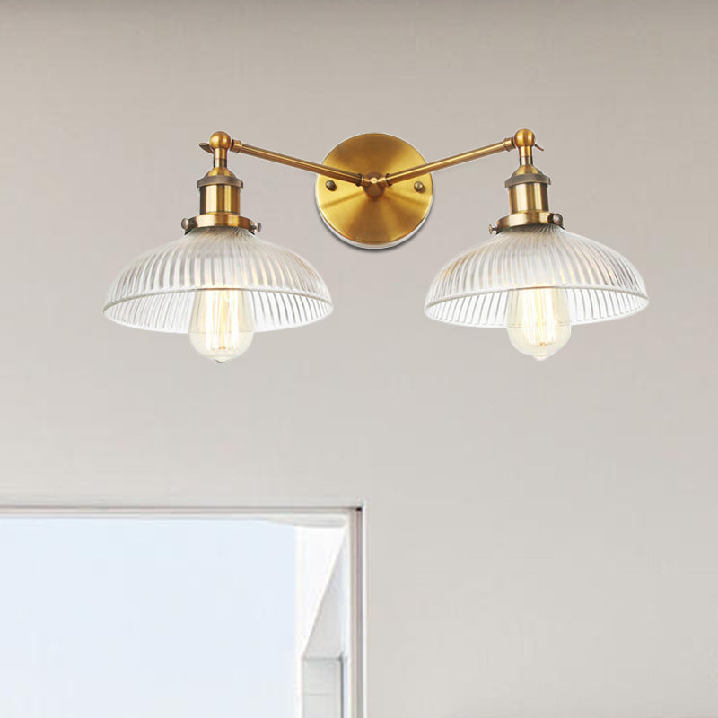 Domed Living Room Wall Light Industrial Clear Ribbed Glass 2 Lights Bronze/Brass/Copper Sconce Lamp Clearhalo 'Art deco wall lights' 'Cast Iron' 'Glass' 'Industrial wall lights' 'Industrial' 'Middle century wall lights' 'Modern' 'Rustic wall lights' 'Tiffany' 'Traditional wall lights' 'Wall Lamps & Sconces' 'Wall Lights' Lighting' 520210
