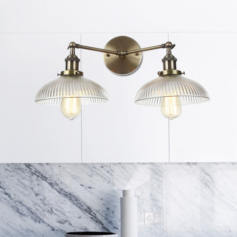 Domed Living Room Wall Light Industrial Clear Ribbed Glass 2 Lights Bronze/Brass/Copper Sconce Lamp Bronze Clearhalo 'Art deco wall lights' 'Cast Iron' 'Glass' 'Industrial wall lights' 'Industrial' 'Middle century wall lights' 'Modern' 'Rustic wall lights' 'Tiffany' 'Traditional wall lights' 'Wall Lamps & Sconces' 'Wall Lights' Lighting' 520211