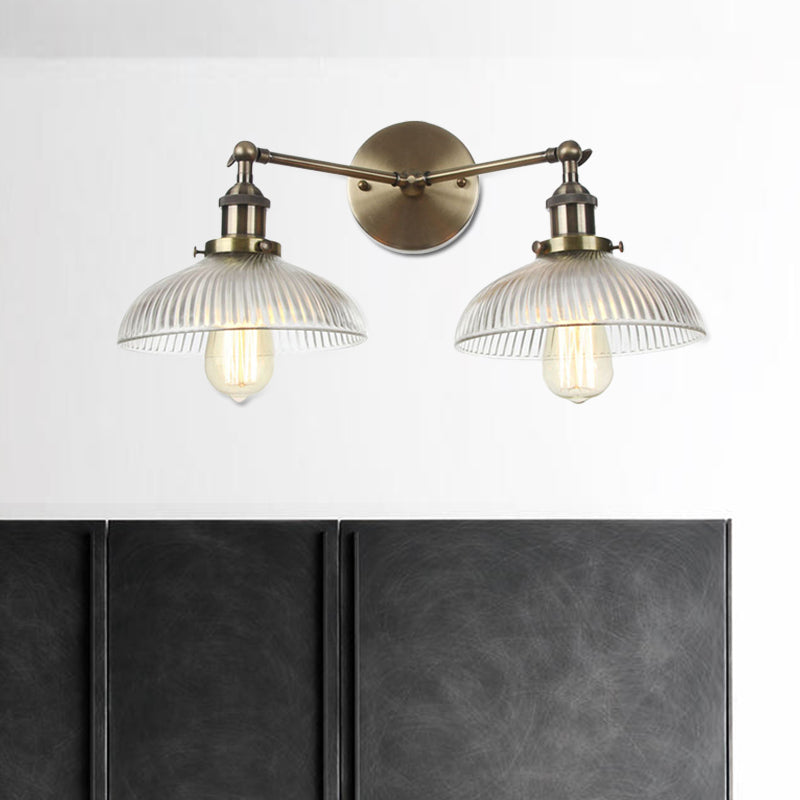 Domed Living Room Wall Light Industrial Clear Ribbed Glass 2 Lights Bronze/Brass/Copper Sconce Lamp Clearhalo 'Art deco wall lights' 'Cast Iron' 'Glass' 'Industrial wall lights' 'Industrial' 'Middle century wall lights' 'Modern' 'Rustic wall lights' 'Tiffany' 'Traditional wall lights' 'Wall Lamps & Sconces' 'Wall Lights' Lighting' 520212