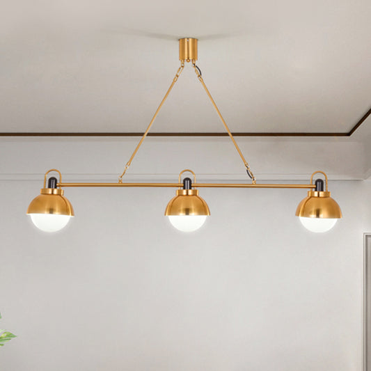 Brass Linear Chandelier Pendant Light Modernist 3 Bulbs Metallic Hanging Lamp Kit with Orb Opal Glass Shade Clearhalo 'Ceiling Lights' 'Chandeliers' 'Glass shade' 'Glass' 'Modern Chandeliers' 'Modern' Lighting' 520214