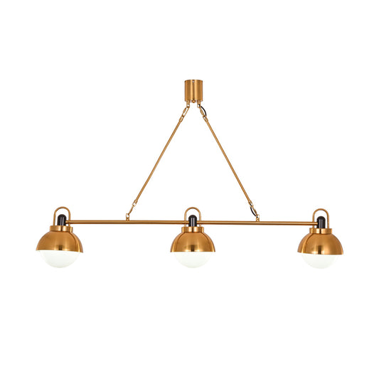 Brass Linear Chandelier Pendant Light Modernist 3 Bulbs Metallic Hanging Lamp Kit with Orb Opal Glass Shade Clearhalo 'Ceiling Lights' 'Chandeliers' 'Glass shade' 'Glass' 'Modern Chandeliers' 'Modern' Lighting' 520215