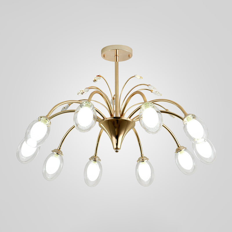 Clear Glass Egg Hanging Light Fixture Modern 10 Heads Sputnik Pendant Chandelier in Brass Clearhalo 'Ceiling Lights' 'Chandeliers' 'Glass shade' 'Glass' 'Modern Chandeliers' 'Modern' Lighting' 520226
