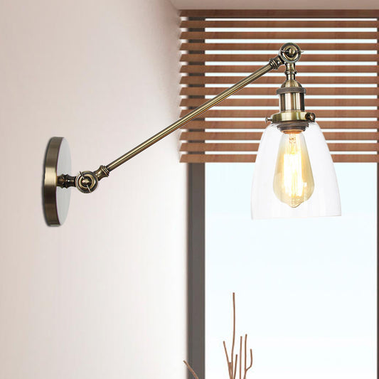 Black/Bronze/Brass 1 Light Wall Light Fixture Industrial Style Clear Glass Tapered Sconce with Arm, 8"/12" L Bronze Clearhalo 'Art deco wall lights' 'Cast Iron' 'Glass' 'Industrial wall lights' 'Industrial' 'Middle century wall lights' 'Modern' 'Rustic wall lights' 'Tiffany' 'Traditional wall lights' 'Wall Lamps & Sconces' 'Wall Lights' Lighting' 520233