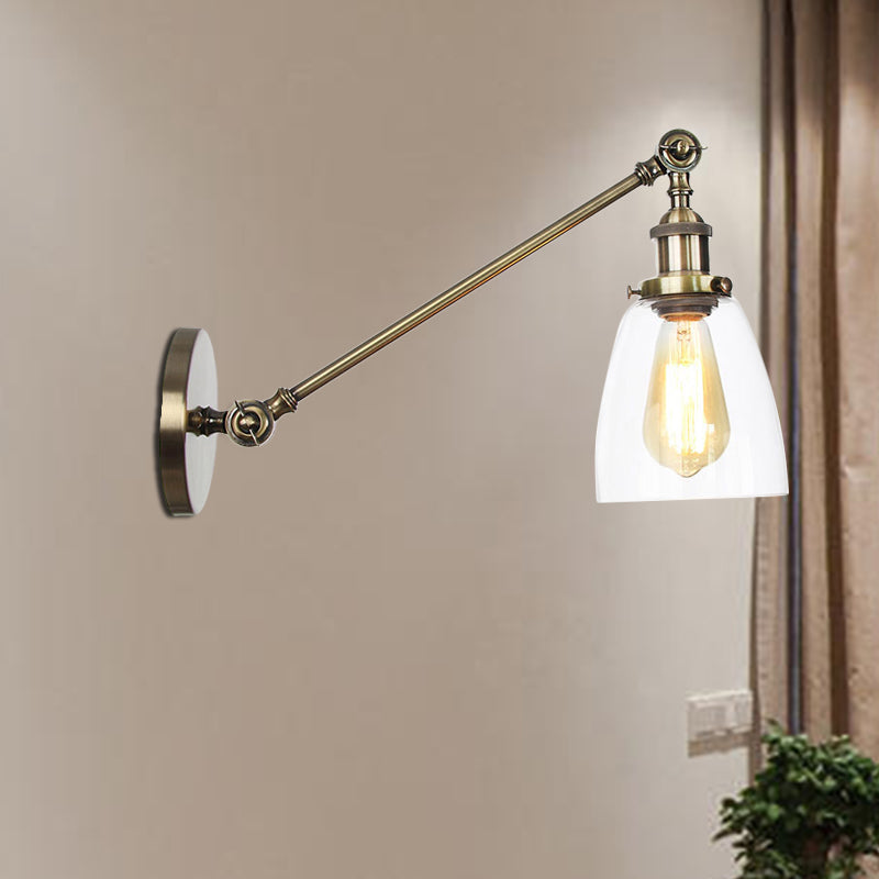 Black/Bronze/Brass 1 Light Wall Light Fixture Industrial Style Clear Glass Tapered Sconce with Arm, 8"/12" L Clearhalo 'Art deco wall lights' 'Cast Iron' 'Glass' 'Industrial wall lights' 'Industrial' 'Middle century wall lights' 'Modern' 'Rustic wall lights' 'Tiffany' 'Traditional wall lights' 'Wall Lamps & Sconces' 'Wall Lights' Lighting' 520234