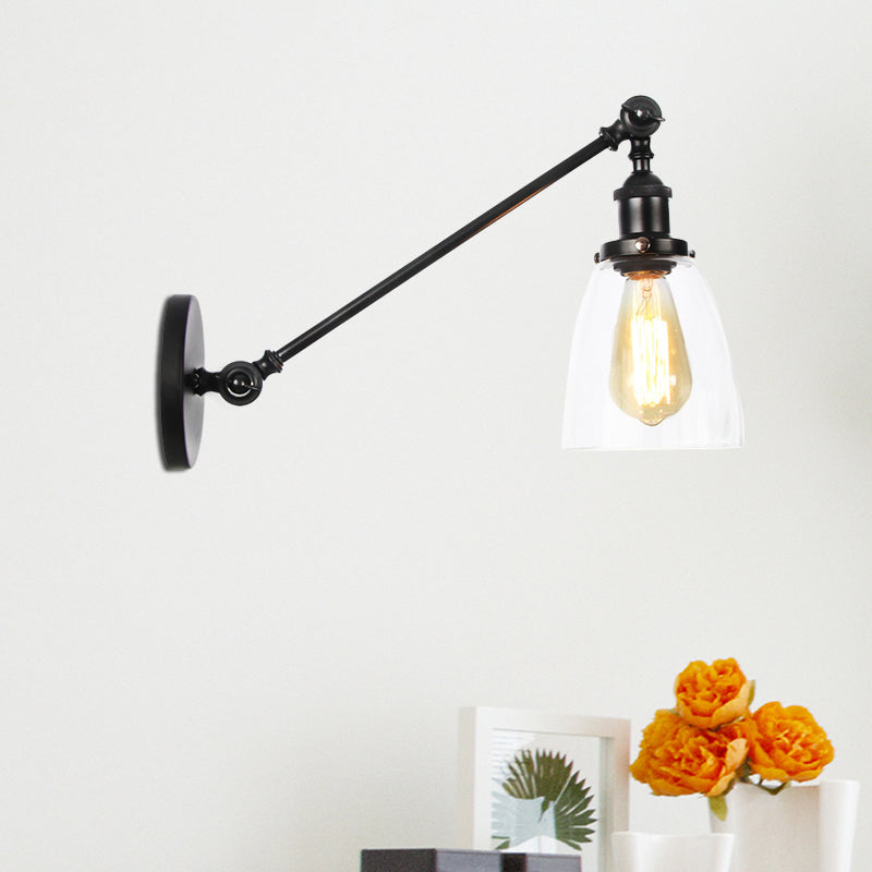 Black/Bronze/Brass 1 Light Wall Light Fixture Industrial Style Clear Glass Tapered Sconce with Arm, 8"/12" L Black Clearhalo 'Art deco wall lights' 'Cast Iron' 'Glass' 'Industrial wall lights' 'Industrial' 'Middle century wall lights' 'Modern' 'Rustic wall lights' 'Tiffany' 'Traditional wall lights' 'Wall Lamps & Sconces' 'Wall Lights' Lighting' 520235