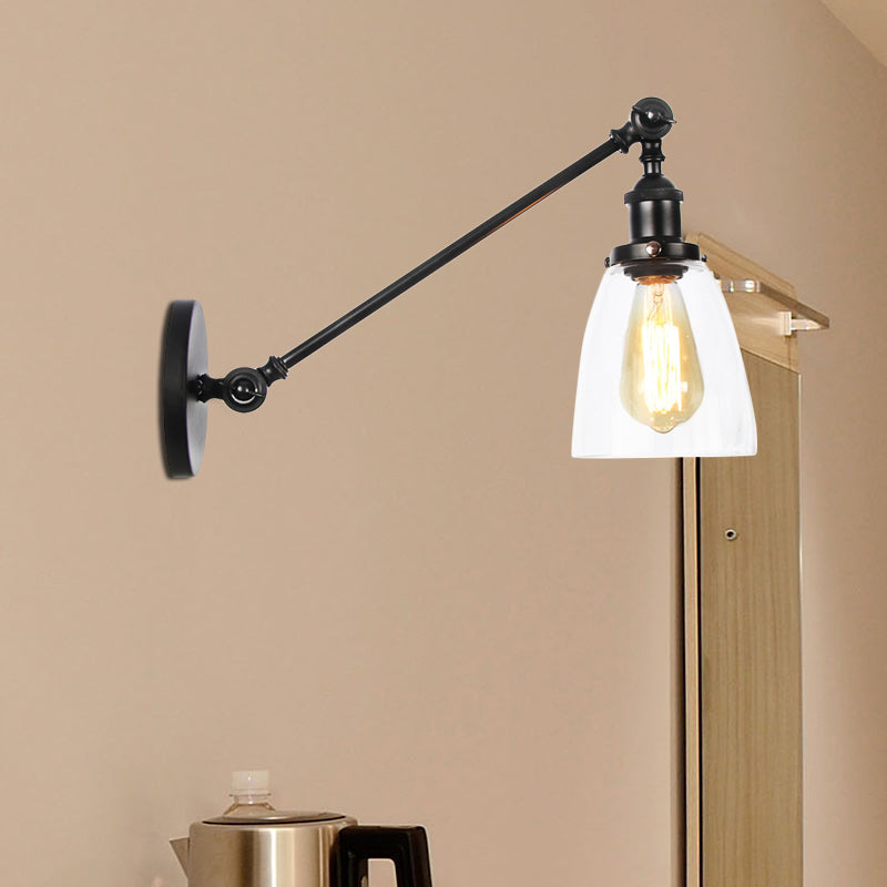 Black/Bronze/Brass 1 Light Wall Light Fixture Industrial Style Clear Glass Tapered Sconce with Arm, 8"/12" L Clearhalo 'Art deco wall lights' 'Cast Iron' 'Glass' 'Industrial wall lights' 'Industrial' 'Middle century wall lights' 'Modern' 'Rustic wall lights' 'Tiffany' 'Traditional wall lights' 'Wall Lamps & Sconces' 'Wall Lights' Lighting' 520236