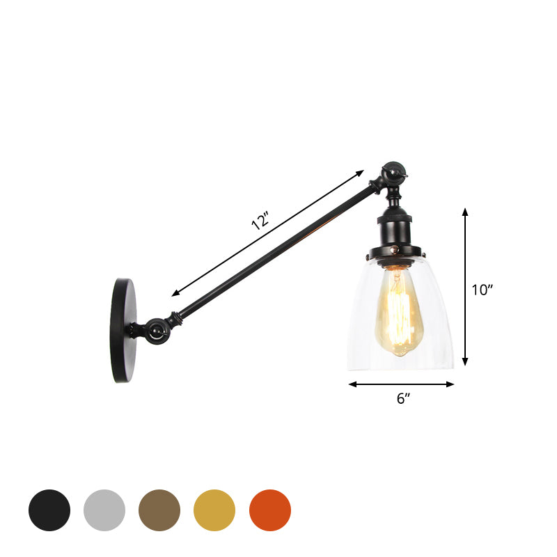 Black/Bronze/Brass 1 Light Wall Light Fixture Industrial Style Clear Glass Tapered Sconce with Arm, 8"/12" L Clearhalo 'Art deco wall lights' 'Cast Iron' 'Glass' 'Industrial wall lights' 'Industrial' 'Middle century wall lights' 'Modern' 'Rustic wall lights' 'Tiffany' 'Traditional wall lights' 'Wall Lamps & Sconces' 'Wall Lights' Lighting' 520237