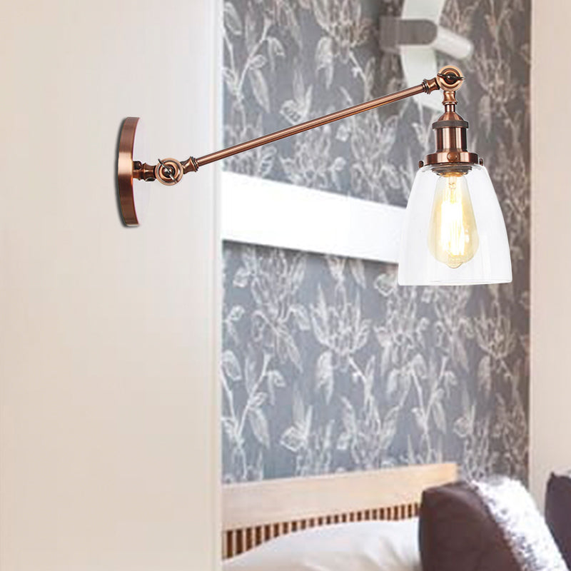 Black/Bronze/Brass 1 Light Wall Light Fixture Industrial Style Clear Glass Tapered Sconce with Arm, 8"/12" L Copper Clearhalo 'Art deco wall lights' 'Cast Iron' 'Glass' 'Industrial wall lights' 'Industrial' 'Middle century wall lights' 'Modern' 'Rustic wall lights' 'Tiffany' 'Traditional wall lights' 'Wall Lamps & Sconces' 'Wall Lights' Lighting' 520238