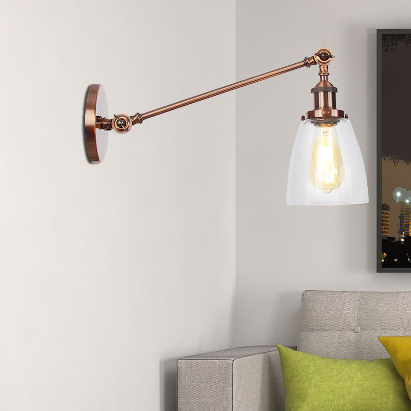 Black/Bronze/Brass 1 Light Wall Light Fixture Industrial Style Clear Glass Tapered Sconce with Arm, 8"/12" L Clearhalo 'Art deco wall lights' 'Cast Iron' 'Glass' 'Industrial wall lights' 'Industrial' 'Middle century wall lights' 'Modern' 'Rustic wall lights' 'Tiffany' 'Traditional wall lights' 'Wall Lamps & Sconces' 'Wall Lights' Lighting' 520239