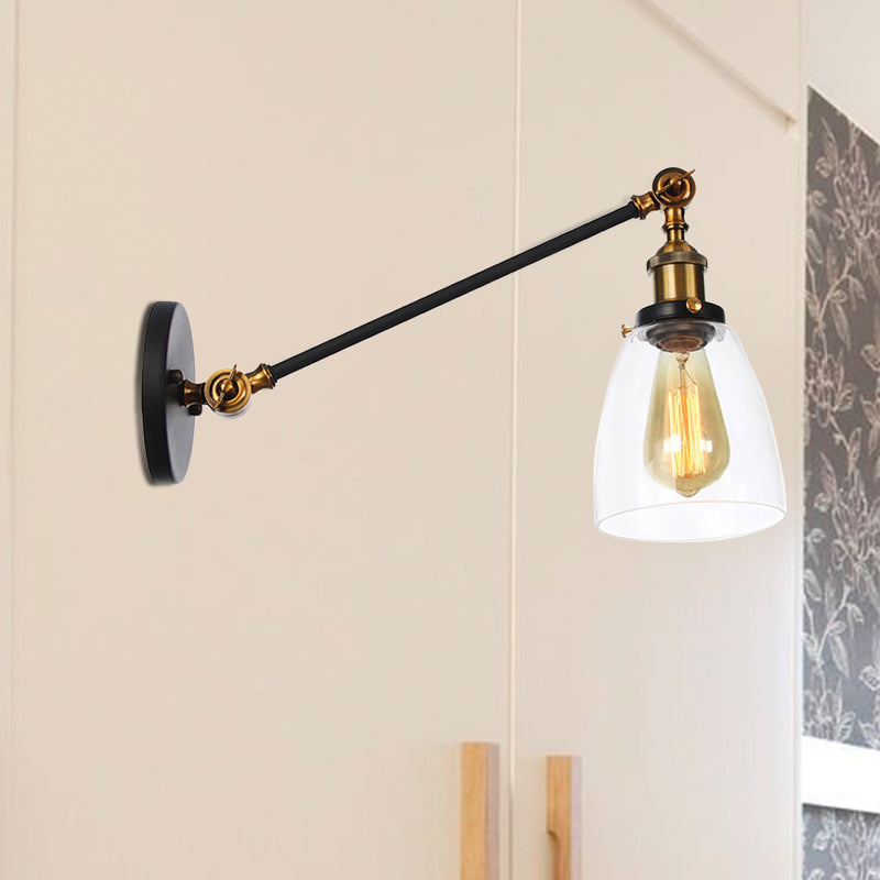 Black/Bronze/Brass 1 Light Wall Light Fixture Industrial Style Clear Glass Tapered Sconce with Arm, 8"/12" L Brass Clearhalo 'Art deco wall lights' 'Cast Iron' 'Glass' 'Industrial wall lights' 'Industrial' 'Middle century wall lights' 'Modern' 'Rustic wall lights' 'Tiffany' 'Traditional wall lights' 'Wall Lamps & Sconces' 'Wall Lights' Lighting' 520240