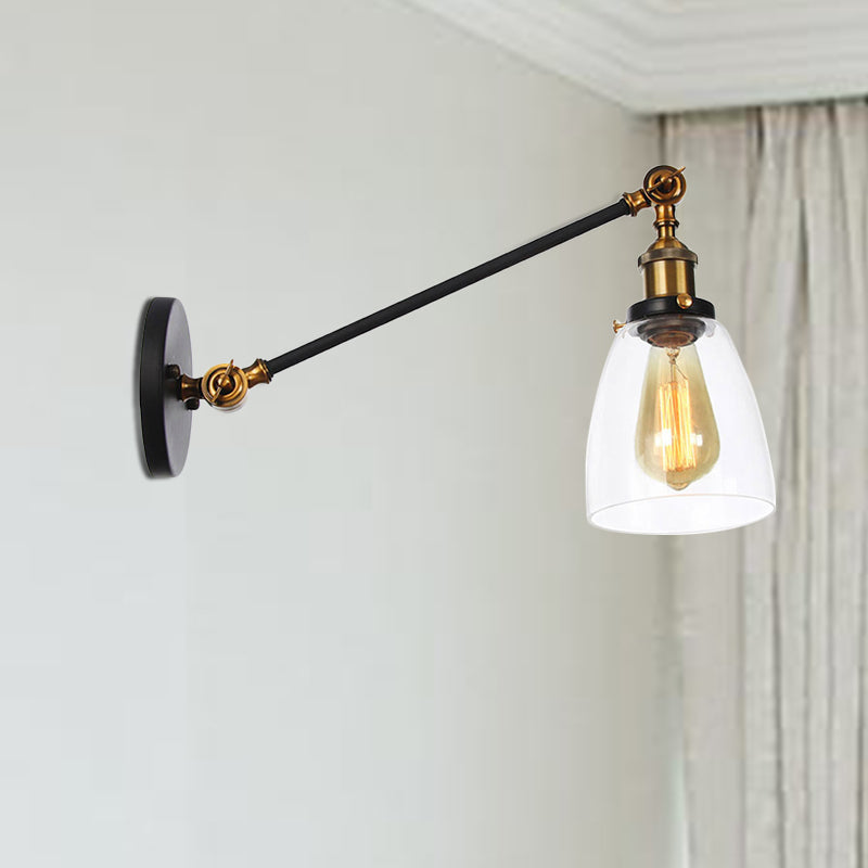 Black/Bronze/Brass 1 Light Wall Light Fixture Industrial Style Clear Glass Tapered Sconce with Arm, 8"/12" L Clearhalo 'Art deco wall lights' 'Cast Iron' 'Glass' 'Industrial wall lights' 'Industrial' 'Middle century wall lights' 'Modern' 'Rustic wall lights' 'Tiffany' 'Traditional wall lights' 'Wall Lamps & Sconces' 'Wall Lights' Lighting' 520241