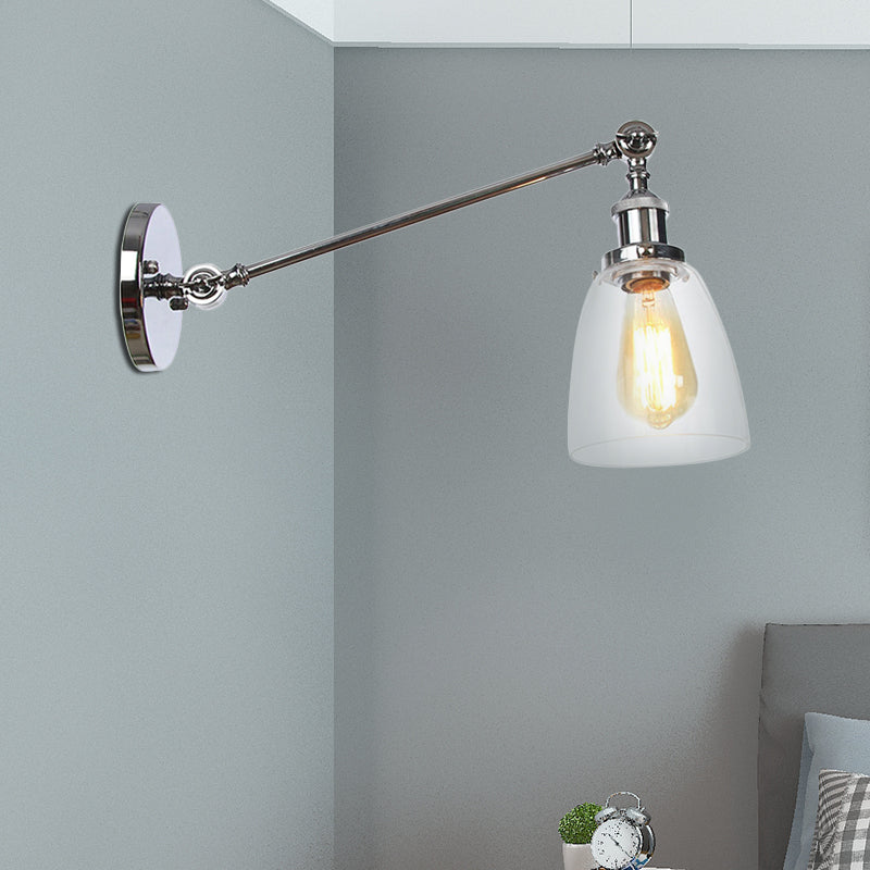 Black/Bronze/Brass 1 Light Wall Light Fixture Industrial Style Clear Glass Tapered Sconce with Arm, 8"/12" L Chrome Clearhalo 'Art deco wall lights' 'Cast Iron' 'Glass' 'Industrial wall lights' 'Industrial' 'Middle century wall lights' 'Modern' 'Rustic wall lights' 'Tiffany' 'Traditional wall lights' 'Wall Lamps & Sconces' 'Wall Lights' Lighting' 520242