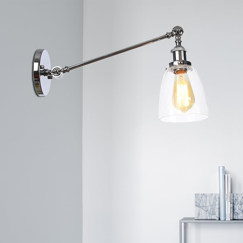 Black/Bronze/Brass 1 Light Wall Light Fixture Industrial Style Clear Glass Tapered Sconce with Arm, 8"/12" L Clearhalo 'Art deco wall lights' 'Cast Iron' 'Glass' 'Industrial wall lights' 'Industrial' 'Middle century wall lights' 'Modern' 'Rustic wall lights' 'Tiffany' 'Traditional wall lights' 'Wall Lamps & Sconces' 'Wall Lights' Lighting' 520243