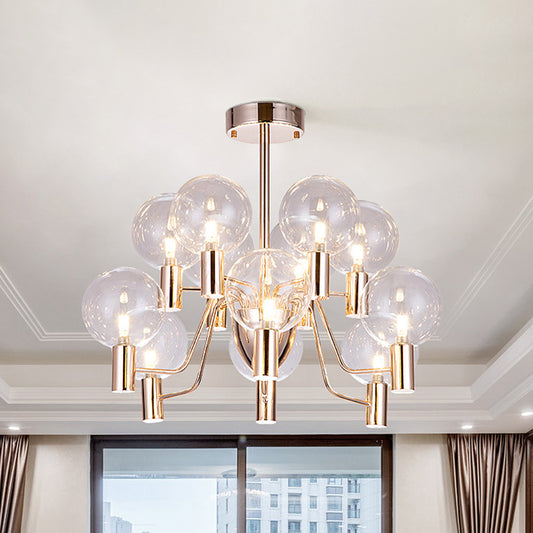 12 Bulbs Living Room Chandelier Minimalist Gold Suspended Pendant Light with Pendulum Clear Glass Shade Clearhalo 'Ceiling Lights' 'Chandeliers' 'Glass shade' 'Glass' 'Modern Chandeliers' 'Modern' Lighting' 520250