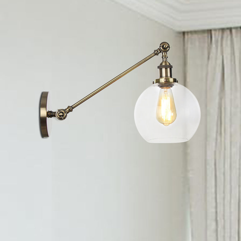 Clear Glass Globe Wall Lighting Farmhouse 1 Light Living Room Light Fixture in Black/Brass/Bronze with Arm, 8"/12" L Bronze Clearhalo 'Art deco wall lights' 'Cast Iron' 'Glass' 'Industrial wall lights' 'Industrial' 'Middle century wall lights' 'Modern' 'Rustic wall lights' 'Tiffany' 'Traditional wall lights' 'Wall Lamps & Sconces' 'Wall Lights' Lighting' 520254