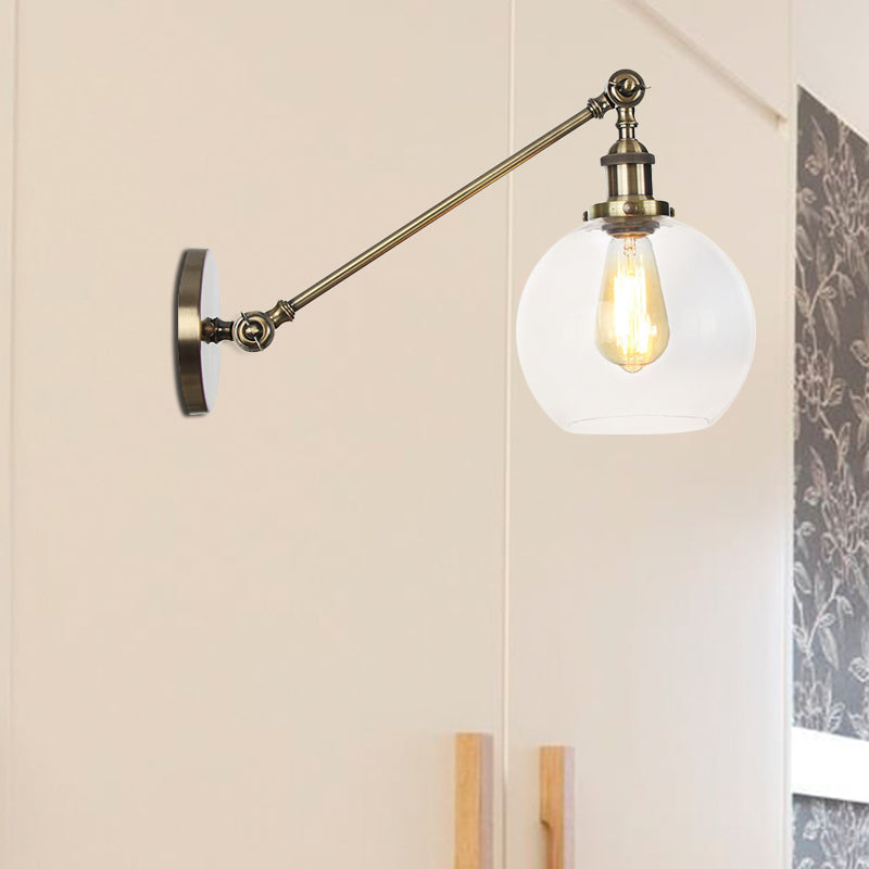 Clear Glass Globe Wall Lighting Farmhouse 1 Light Living Room Light Fixture in Black/Brass/Bronze with Arm, 8"/12" L Clearhalo 'Art deco wall lights' 'Cast Iron' 'Glass' 'Industrial wall lights' 'Industrial' 'Middle century wall lights' 'Modern' 'Rustic wall lights' 'Tiffany' 'Traditional wall lights' 'Wall Lamps & Sconces' 'Wall Lights' Lighting' 520255
