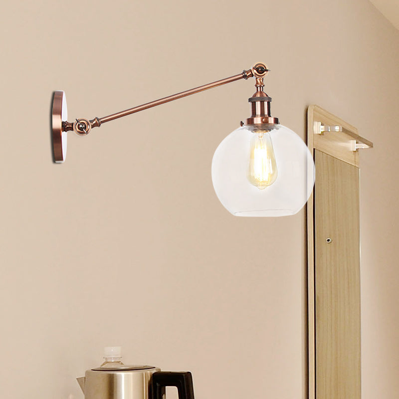 Clear Glass Globe Wall Lighting Farmhouse 1 Light Living Room Light Fixture in Black/Brass/Bronze with Arm, 8"/12" L Copper Clearhalo 'Art deco wall lights' 'Cast Iron' 'Glass' 'Industrial wall lights' 'Industrial' 'Middle century wall lights' 'Modern' 'Rustic wall lights' 'Tiffany' 'Traditional wall lights' 'Wall Lamps & Sconces' 'Wall Lights' Lighting' 520260