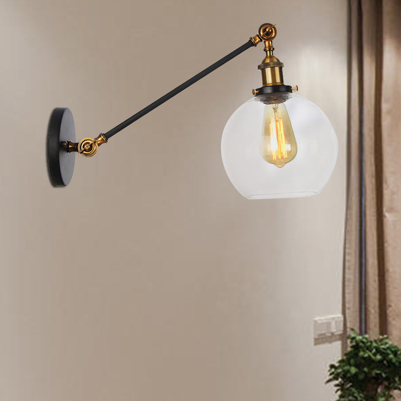 Clear Glass Globe Wall Lighting Farmhouse 1 Light Living Room Light Fixture in Black/Brass/Bronze with Arm, 8"/12" L Clearhalo 'Art deco wall lights' 'Cast Iron' 'Glass' 'Industrial wall lights' 'Industrial' 'Middle century wall lights' 'Modern' 'Rustic wall lights' 'Tiffany' 'Traditional wall lights' 'Wall Lamps & Sconces' 'Wall Lights' Lighting' 520263