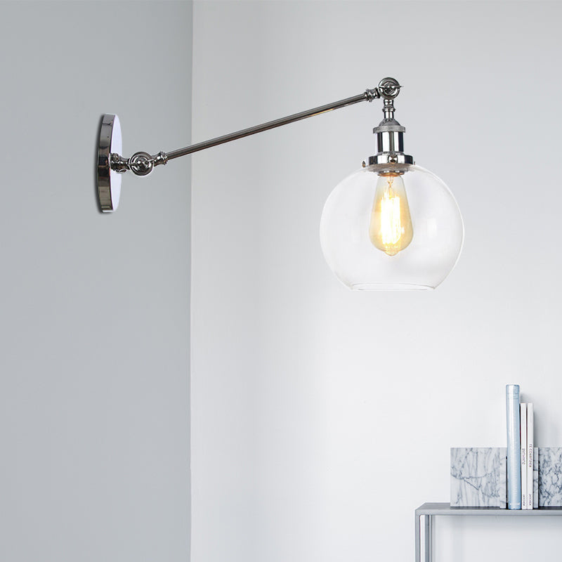 Clear Glass Globe Wall Lighting Farmhouse 1 Light Living Room Light Fixture in Black/Brass/Bronze with Arm, 8"/12" L Chrome Clearhalo 'Art deco wall lights' 'Cast Iron' 'Glass' 'Industrial wall lights' 'Industrial' 'Middle century wall lights' 'Modern' 'Rustic wall lights' 'Tiffany' 'Traditional wall lights' 'Wall Lamps & Sconces' 'Wall Lights' Lighting' 520264