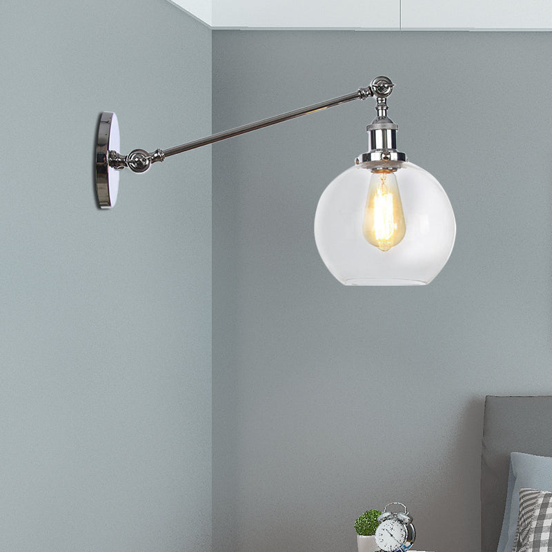 Clear Glass Globe Wall Lighting Farmhouse 1 Light Living Room Light Fixture in Black/Brass/Bronze with Arm, 8"/12" L Clearhalo 'Art deco wall lights' 'Cast Iron' 'Glass' 'Industrial wall lights' 'Industrial' 'Middle century wall lights' 'Modern' 'Rustic wall lights' 'Tiffany' 'Traditional wall lights' 'Wall Lamps & Sconces' 'Wall Lights' Lighting' 520265