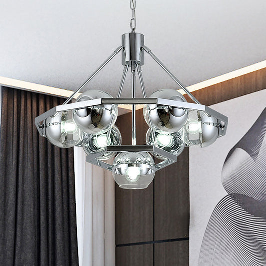 7 Bulbs Living Room Hanging Light Modern Silver Ceiling Chandelier with 2-Layer Ball Clear Glass Shade Clearhalo 'Ceiling Lights' 'Chandeliers' 'Close To Ceiling Lights' 'Glass shade' 'Glass' 'Modern Chandeliers' 'Modern' Lighting' 520287