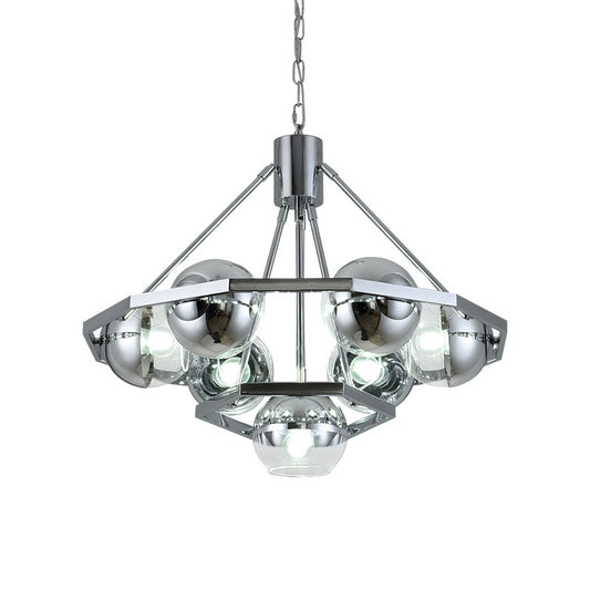 7 Bulbs Living Room Hanging Light Modern Silver Ceiling Chandelier with 2-Layer Ball Clear Glass Shade Clearhalo 'Ceiling Lights' 'Chandeliers' 'Close To Ceiling Lights' 'Glass shade' 'Glass' 'Modern Chandeliers' 'Modern' Lighting' 520288