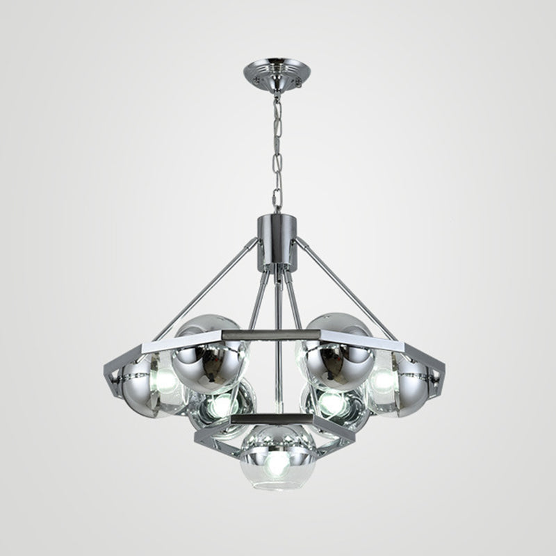 7 Bulbs Living Room Hanging Light Modern Silver Ceiling Chandelier with 2-Layer Ball Clear Glass Shade Clearhalo 'Ceiling Lights' 'Chandeliers' 'Close To Ceiling Lights' 'Glass shade' 'Glass' 'Modern Chandeliers' 'Modern' Lighting' 520289