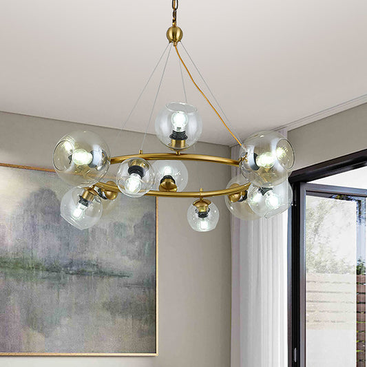 Contemporary 12 Lights Pendant with Clear Glass Shade Brass Round Hanging Ceiling Lamp Clearhalo 'Ceiling Lights' 'Chandeliers' 'Glass shade' 'Glass' 'Modern Chandeliers' 'Modern' Lighting' 520292
