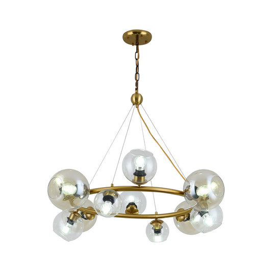 Contemporary 12 Lights Pendant with Clear Glass Shade Brass Round Hanging Ceiling Lamp Clearhalo 'Ceiling Lights' 'Chandeliers' 'Glass shade' 'Glass' 'Modern Chandeliers' 'Modern' Lighting' 520293