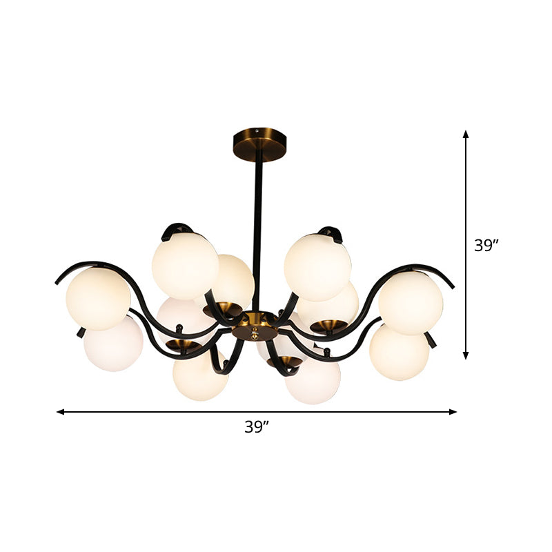 Minimalist Globe Down Lighting Milky Glass 12 Lights Living Room Pendant Chandelier in Black Clearhalo 'Ceiling Lights' 'Chandeliers' 'Glass shade' 'Glass' 'Modern Chandeliers' 'Modern' 'Pendant Lights' Lighting' 520401