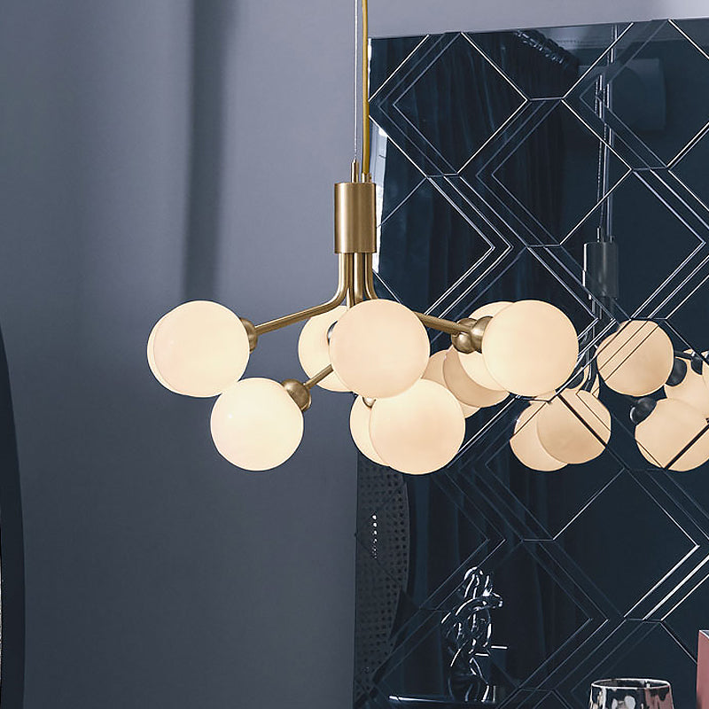 Contemporary 9 Bulbs Chandelier Lighting with Cream Glass Shade Brass Molecular Hanging Lamp Fixture Brass Clearhalo 'Ceiling Lights' 'Chandeliers' 'Glass shade' 'Glass' 'Modern Chandeliers' 'Modern' Lighting' 520426