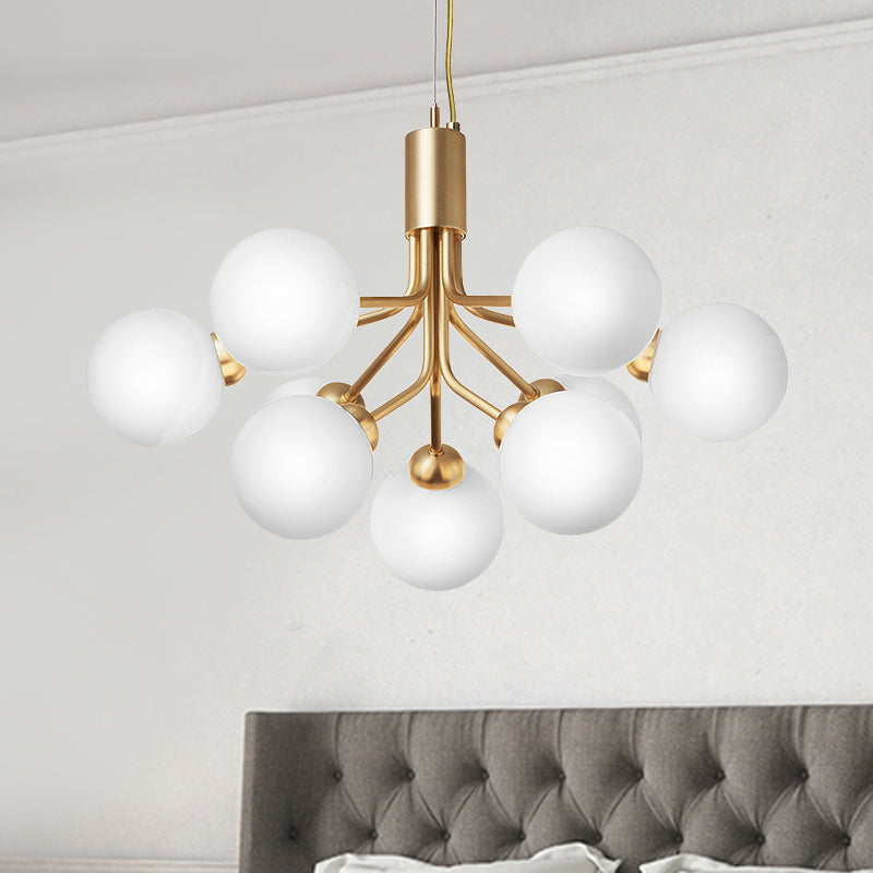 Contemporary 9 Bulbs Chandelier Lighting with Cream Glass Shade Brass Molecular Hanging Lamp Fixture Clearhalo 'Ceiling Lights' 'Chandeliers' 'Glass shade' 'Glass' 'Modern Chandeliers' 'Modern' Lighting' 520427