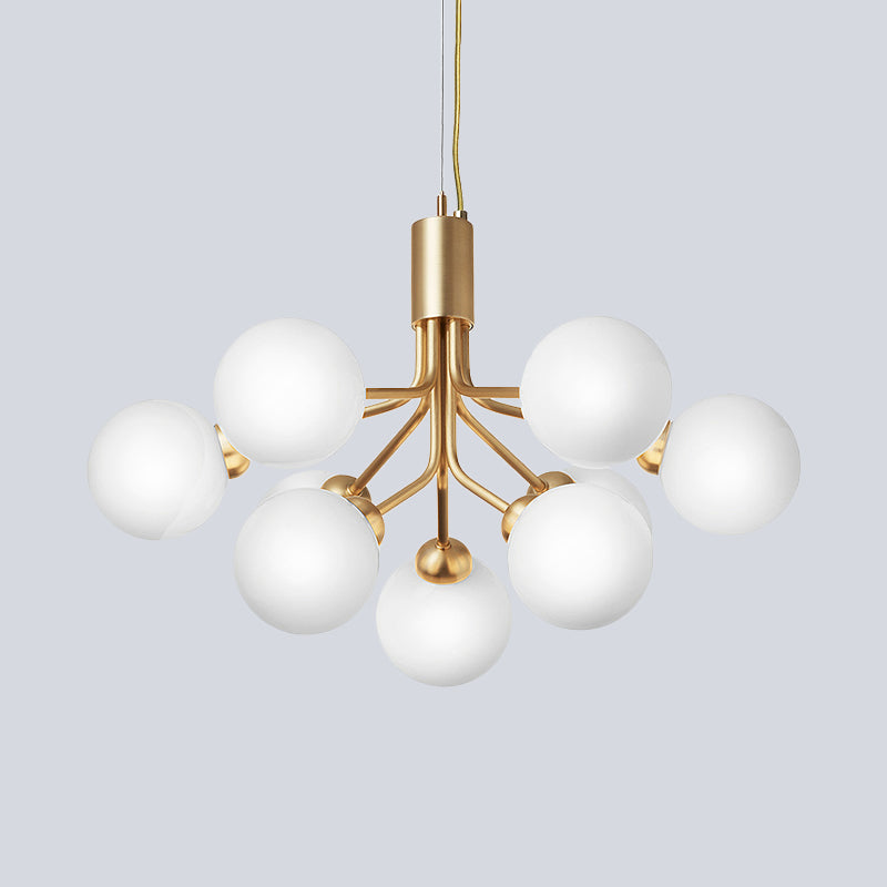 Contemporary 9 Bulbs Chandelier Lighting with Cream Glass Shade Brass Molecular Hanging Lamp Fixture Clearhalo 'Ceiling Lights' 'Chandeliers' 'Glass shade' 'Glass' 'Modern Chandeliers' 'Modern' Lighting' 520429