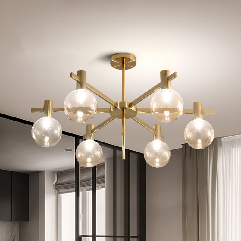 Ball LED Pendant Chandelier Post-Modern Clear Glass 6-Bulb Brass Hanging Lamp Kit with Radial Design Brass Clearhalo 'Ceiling Lights' 'Chandeliers' 'Glass shade' 'Glass' 'Modern Chandeliers' 'Modern' Lighting' 520463