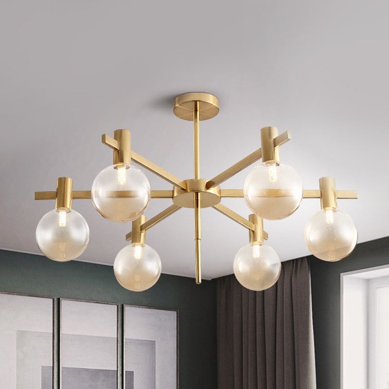 Ball LED Pendant Chandelier Post-Modern Clear Glass 6-Bulb Brass Hanging Lamp Kit with Radial Design Clearhalo 'Ceiling Lights' 'Chandeliers' 'Glass shade' 'Glass' 'Modern Chandeliers' 'Modern' Lighting' 520464