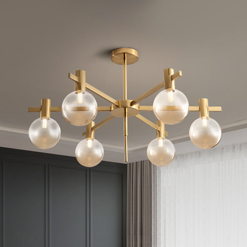 Ball LED Pendant Chandelier Post-Modern Clear Glass 6-Bulb Brass Hanging Lamp Kit with Radial Design Clearhalo 'Ceiling Lights' 'Chandeliers' 'Glass shade' 'Glass' 'Modern Chandeliers' 'Modern' Lighting' 520465