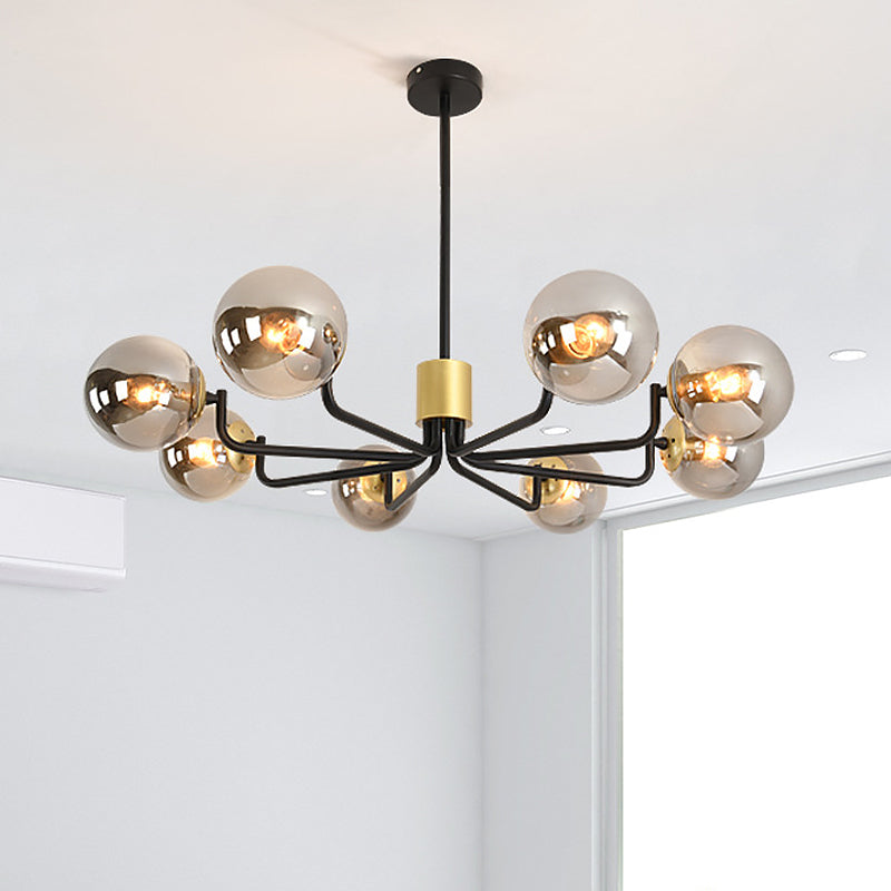 Grey Glass Spherical Suspension Light Post Modern 8-Head Brass and Black Chandelier with Radial Design Brass Clearhalo 'Ceiling Lights' 'Chandeliers' 'Glass shade' 'Glass' 'Modern Chandeliers' 'Modern' Lighting' 520473