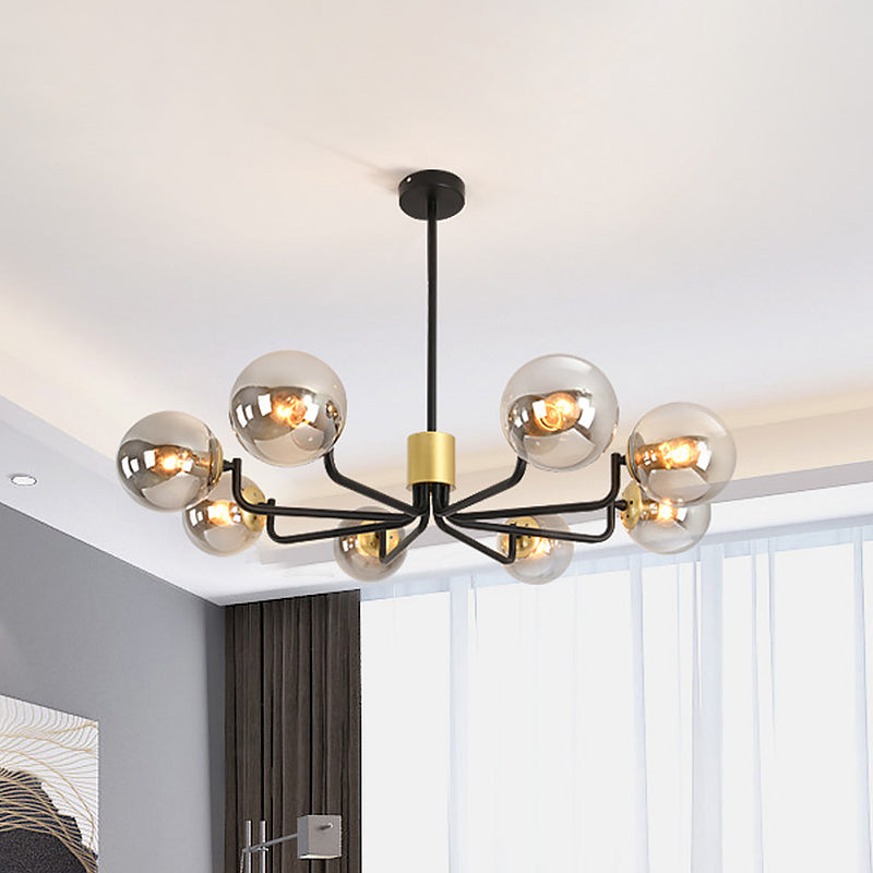 Grey Glass Spherical Suspension Light Post Modern 8-Head Brass and Black Chandelier with Radial Design Clearhalo 'Ceiling Lights' 'Chandeliers' 'Glass shade' 'Glass' 'Modern Chandeliers' 'Modern' Lighting' 520474