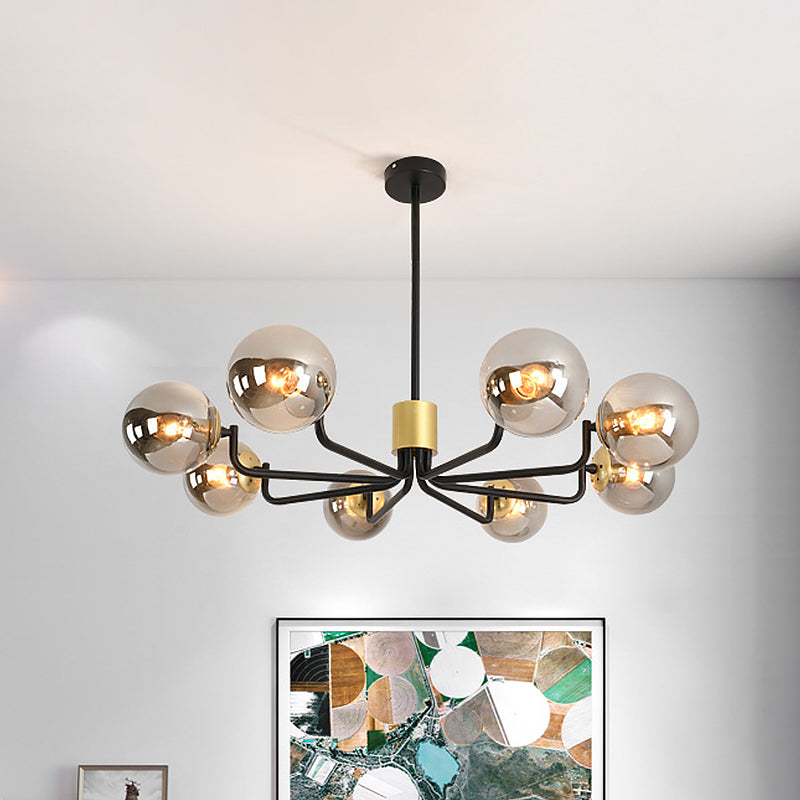 Grey Glass Spherical Suspension Light Post Modern 8-Head Brass and Black Chandelier with Radial Design Clearhalo 'Ceiling Lights' 'Chandeliers' 'Glass shade' 'Glass' 'Modern Chandeliers' 'Modern' Lighting' 520475